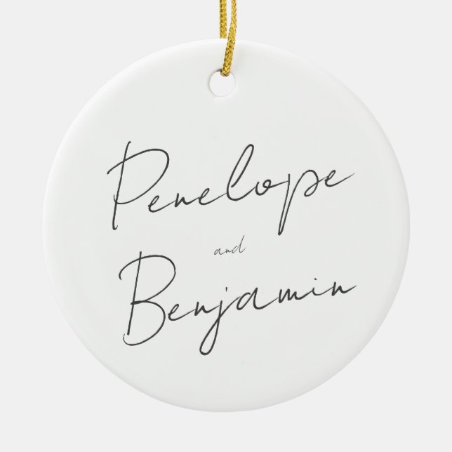 Modern Script Handwriting Black and White Wedding Ceramic Ornament (Front)