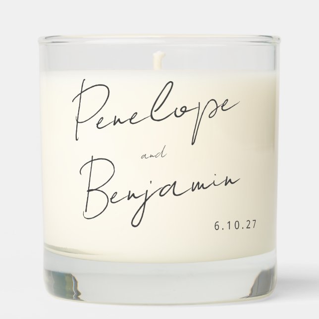 Modern Script Handwriting Black and White Wedding Scented Candle (Front)