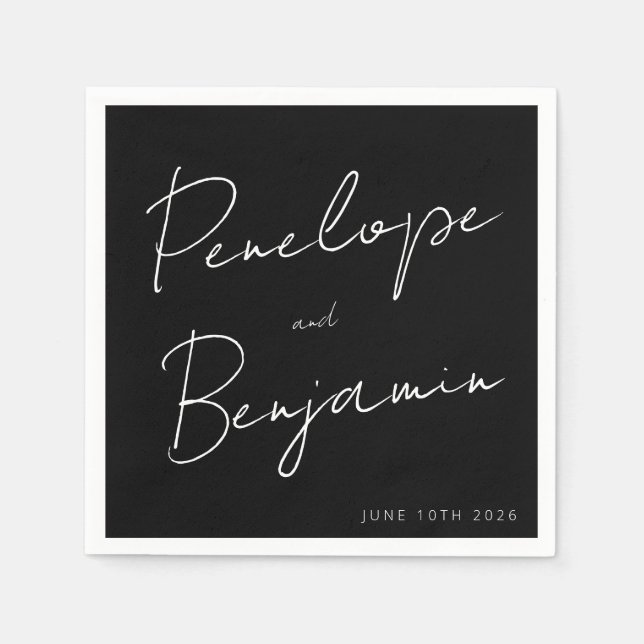 Modern Script Handwriting Custom Wedding Black Napkins (Front)