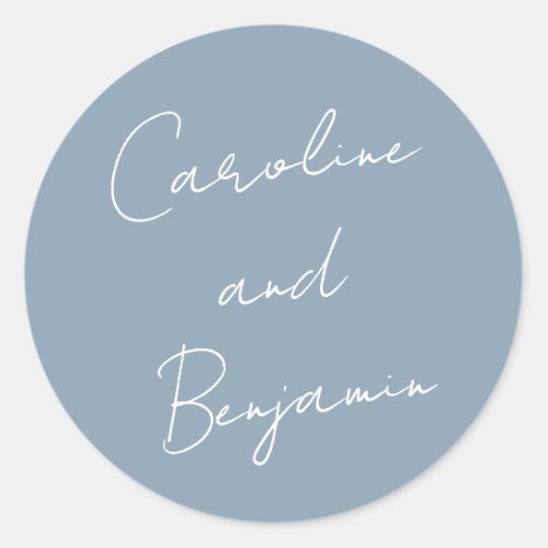 Modern Script Handwriting Dusty Blue Wedding  Classic Round Sticker