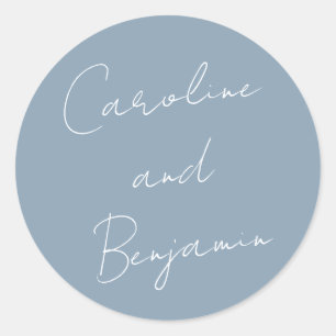 Modern Script Handwriting Dusty Blue Wedding Classic Round Sticker