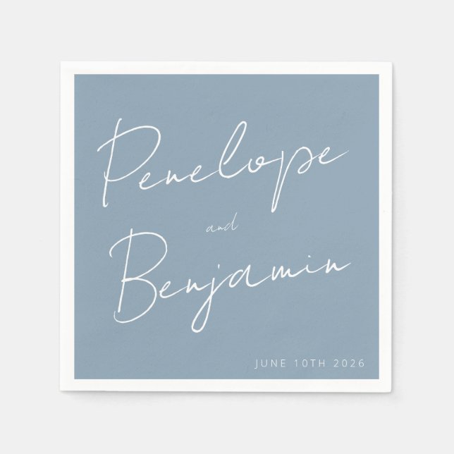 Modern Script Handwriting Dusty Blue Wedding Napkins (Front)