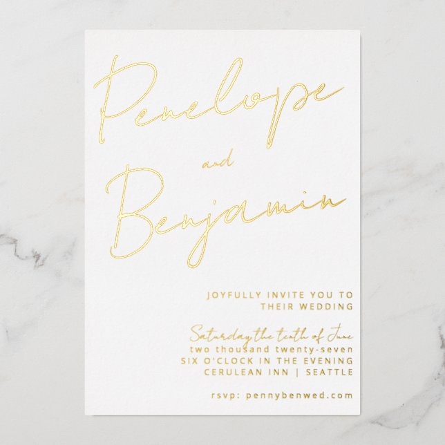 Modern Script Handwriting Gold and White Wedding Foil Invitation (Front)