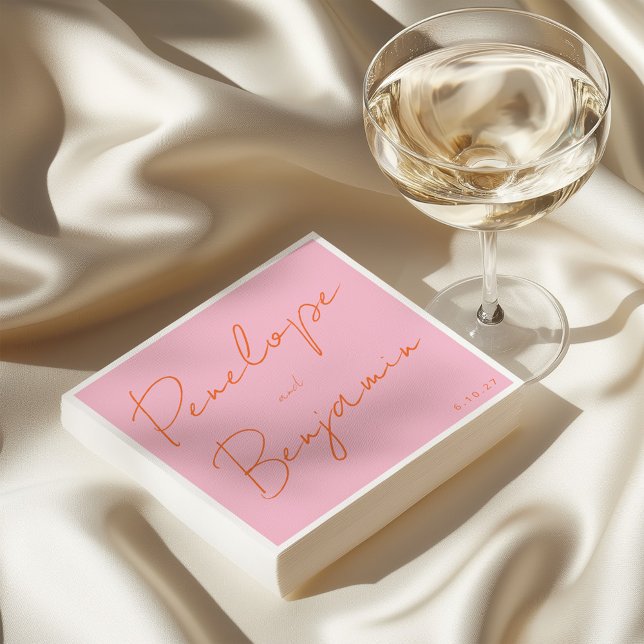 Modern Script Handwriting Pink and Orange Wedding Napkins (Creator Uploaded)
