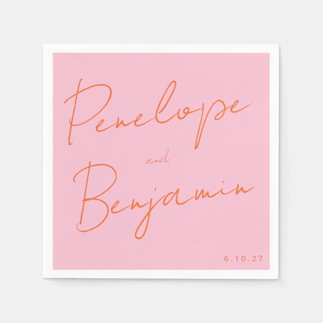 Modern Script Handwriting Pink and Orange Wedding Napkins (Front)
