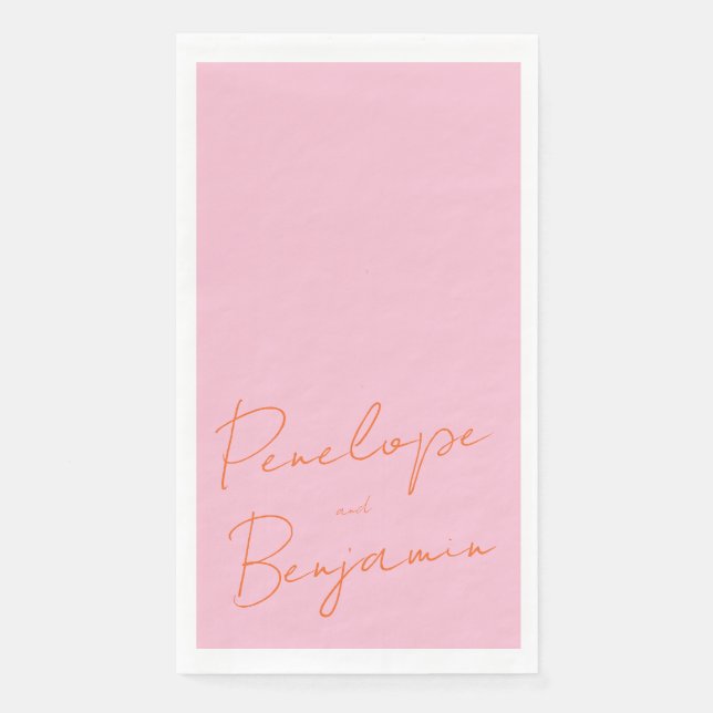 Modern Script Handwriting Pink and Orange Wedding Paper Guest Towels (Front)