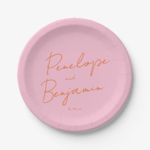 Modern Script Handwriting Pink and Orange Wedding Paper Plates
