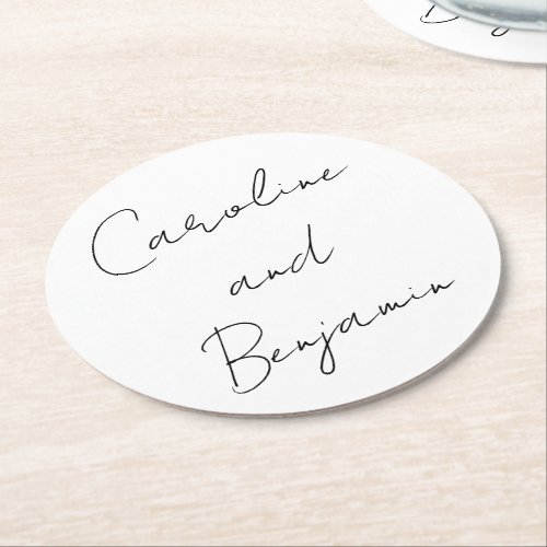 Modern Script Handwriting Wedding Boho White  Round Paper Coaster