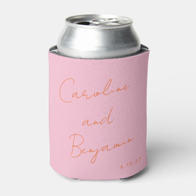 Modern Script Handwriting Wedding Pink and Orange Can Cooler (Can Front)