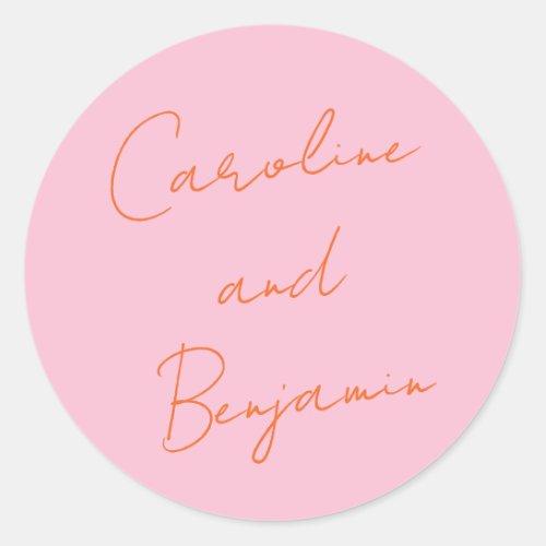 Modern Script Handwriting Wedding Pink and Orange Classic Round Sticker
