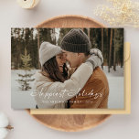 Modern Script Happiest Holidays Photo Christmas Holiday Card<br><div class="desc">Celebrate your love this holiday season with a warm and joyful photo card. This design features a happy moment in the snow and elegant script that says “Happiest Holidays.” A beautiful way to send love from your heart to theirs.</div>