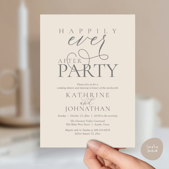 Modern Script Happily Ever After Party Elopement I Invitation (Modern Script Happily Ever After Dinner Party Elopement Invitation Card in Cream and grey)