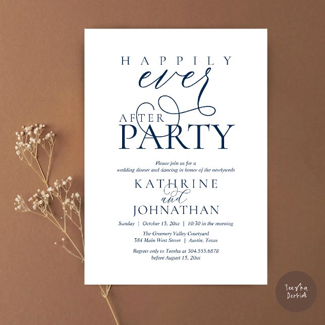 Modern Script Happily Ever After Party Elopement Invitation (Modern Script Happily Ever After Dinner Party Elopement Invitation Card in Navy Blue)