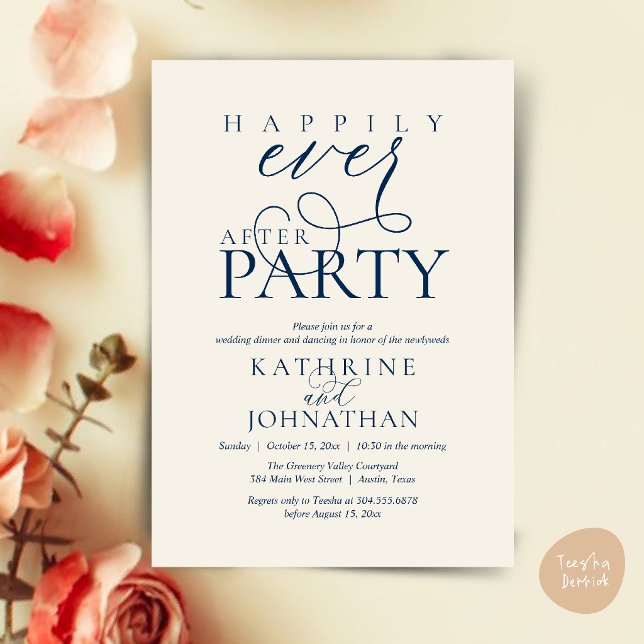Modern Script Happily Ever After Party Elopement Invitation (Modern Script Happily Ever After Dinner Party Elopement Invitation Card in Navy Blue Ivory)