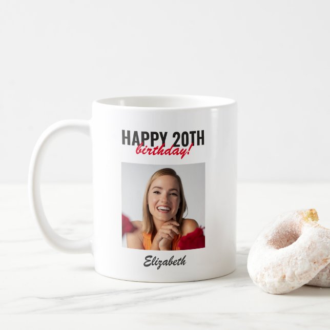 Modern Script Happy Birthday Custom Photo Gift Coffee Mug (With Donut)