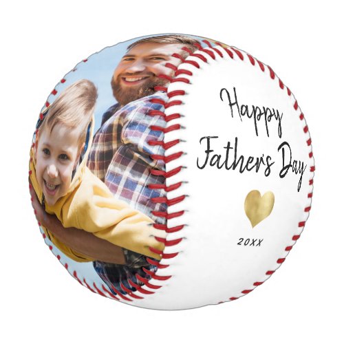 Modern Script Happy Fathers Day Gold Heart Photo Baseball