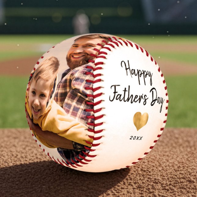 Modern Script Happy Father's Day Gold Heart Photo Baseball (Creator Uploaded)