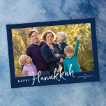 Modern Script Happy Hanukkah Photo Holiday Card<br><div class="desc">This Hanukkuh flat greeting card features a horizontal photo on a dark blue background and is accented with modern handwriting script text.</div>