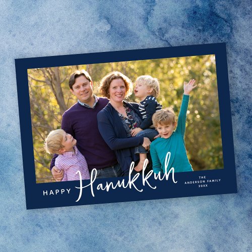 Modern Script Happy Hanukkah Photo Holiday Card
