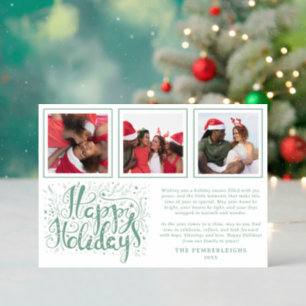 Modern Script Happy Holidays 3-Photo Christmas Letterpress Photo Cards