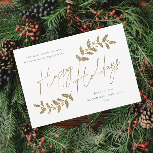 Modern Script Happy Holidays Business Holiday Card (Elegant Script Gold Happy Holidays Greenery Leaves Business Holiday Magnetic Card.)