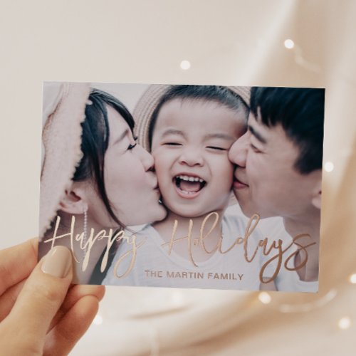 Modern Script Happy Holidays Photo Foil Holiday Postcard