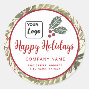Modern script Happy Holidays red holly logo  Class Classic Round Sticker
