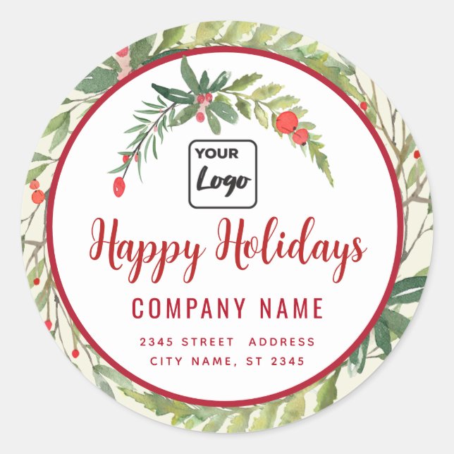 Modern script Happy Holidays red holly logo  Classic Round Sticker (Front)