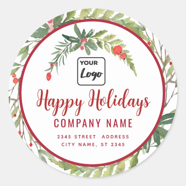Modern script Happy Holidays red holly logo  Classic Round Sticker (Front)