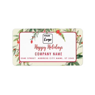 Modern script Happy Holidays red holly logo Label
