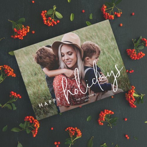Modern Script Happy Holidays Simple Photo Holiday Card