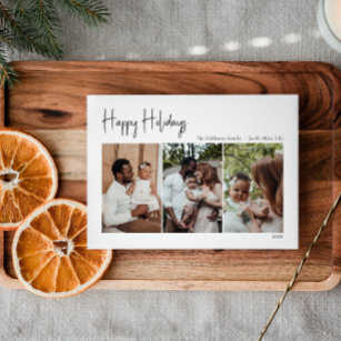 Modern Script Happy Holidays Three-Photo Holiday Card