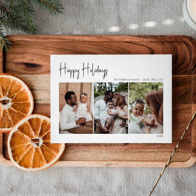 Modern Script Happy Holidays Three-Photo Holiday Card (Creator Uploaded)