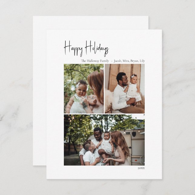 Modern Script Happy Holidays Vertical 3 Photo Holiday Card (Front/Back)