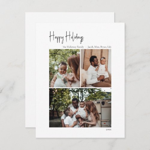 Modern Script Happy Holidays Vertical 3 Photo Holiday Card