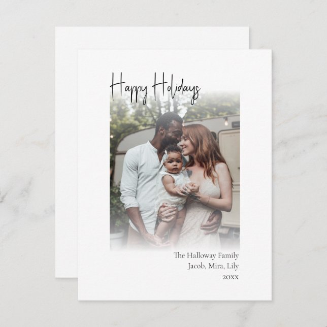 Modern Script Happy Holidays Vertical Faded Photo Holiday Card (Front/Back)