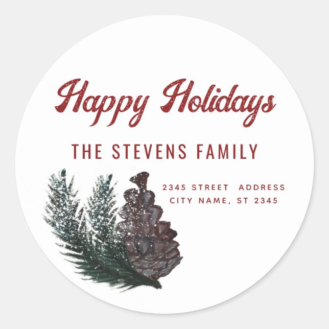 Modern script Happy Holiidays pine cone branch  Classic Round Sticker (Front)