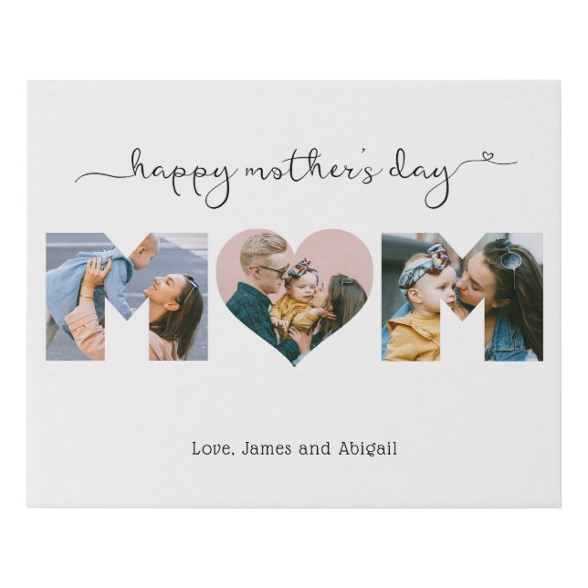 Modern Script Happy Mother's Day Heart Mom Photo Faux Canvas Print (Front)