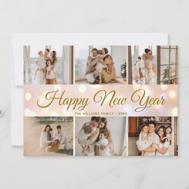 Modern Script Happy New Year Photo Collage Holiday Card (Front)