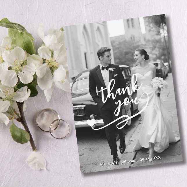 Modern Script Heart 2 Photo Wedding Thank You Card (Creator Uploaded)