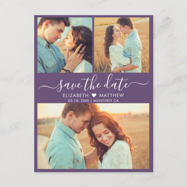 Modern Script Heart 3 Photo Purple Save The Date Announcement Postcard (Front)