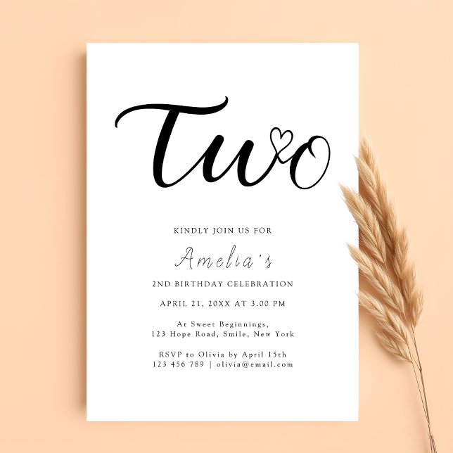  Modern Script Heart Boho Simple 2nd Birthday Invitation (Creator Uploaded)