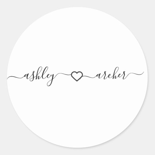 Modern Script Heart Couple Name Wedding Newlywed   Classic Round Sticker