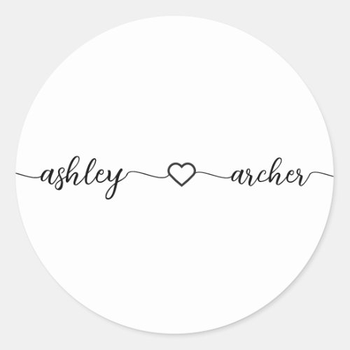 Modern Script Heart Couple Name Wedding Newlywed   Classic Round Sticker