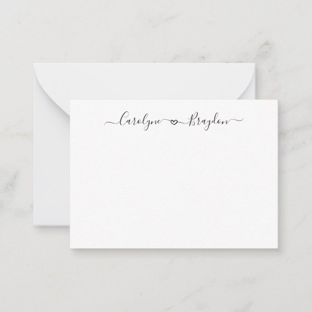 Modern Script Heart Couple Name Wedding Newlywed Note Card (Front)