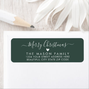 Modern Script Heart Green Christmas Return Address Label