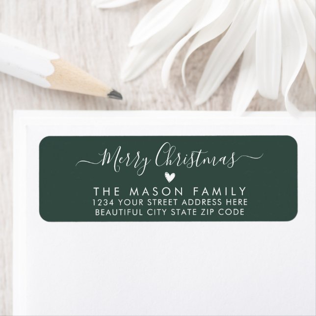 Modern Script Heart Green Christmas Return Address Label (Insitu)