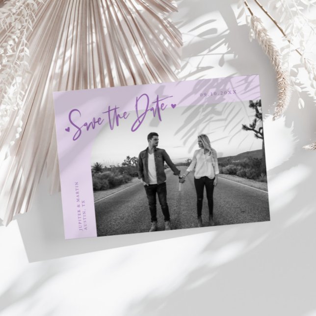 Modern Script Heart Lilac Curved Frame Photo Save The Date (Creator Uploaded)