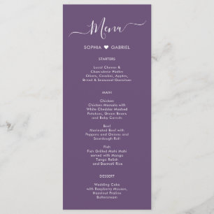 Modern Script Heart Mauve Purple Wedding Menu Card