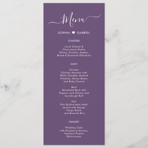Modern Script Heart Mauve Purple Wedding Menu Card